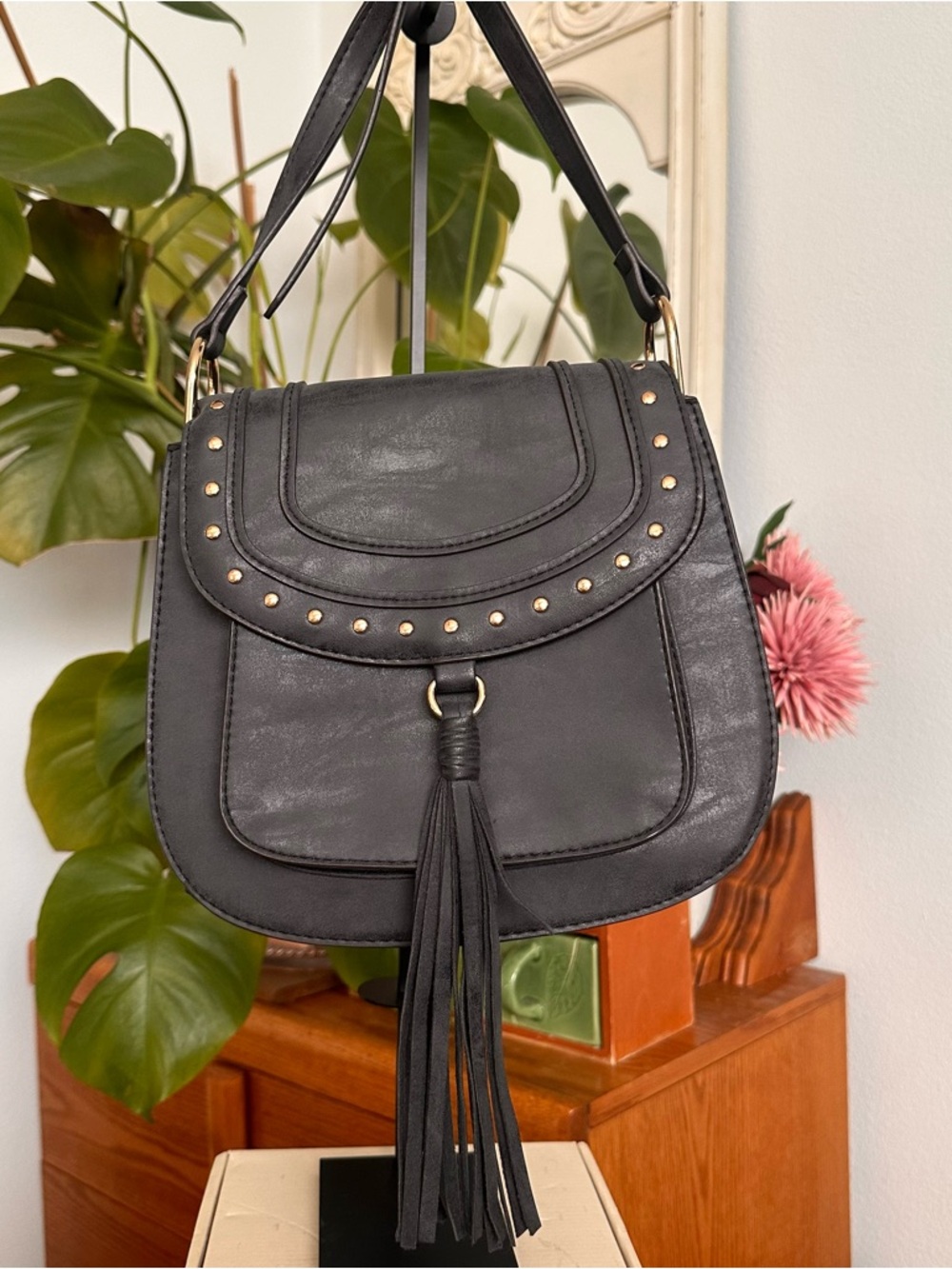 Franco Sarto Black Studded Leather Tassel shoulder/Crossbody Bag - Women